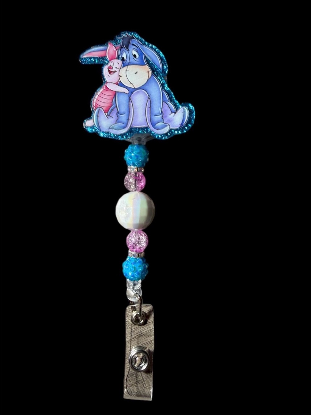 Eeyore & Piglet Blue Beaded Badge Reel - Sparkle Card Holder Interchangeable